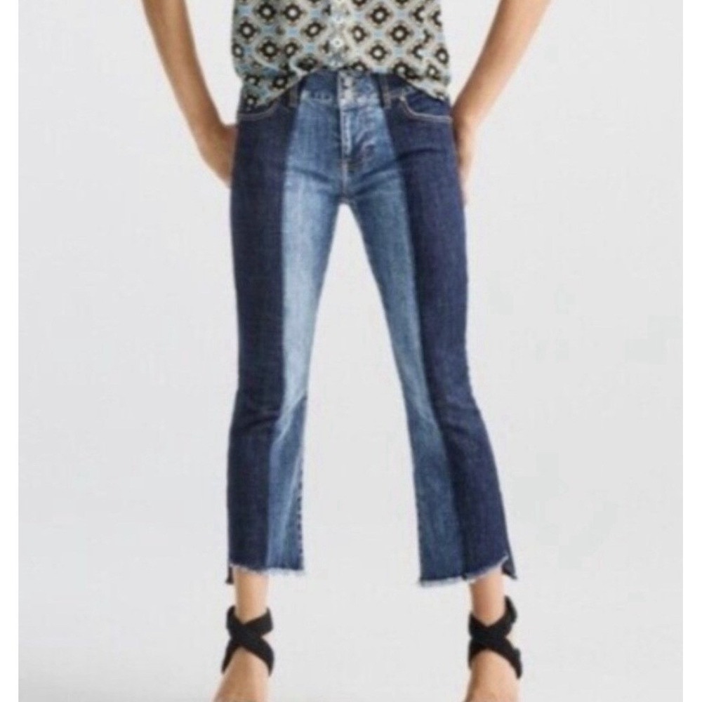Cabi High-Low Crop Jeans‎ #6281 Two-Tone Denim Raw Hem Size 10 Blue Ribbon Wash
